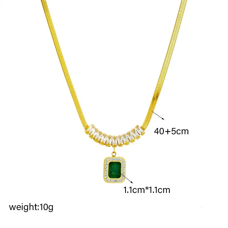 316L Stainless Steel Luxury Square Green Crystal Zircon Pendant Necklace For Women